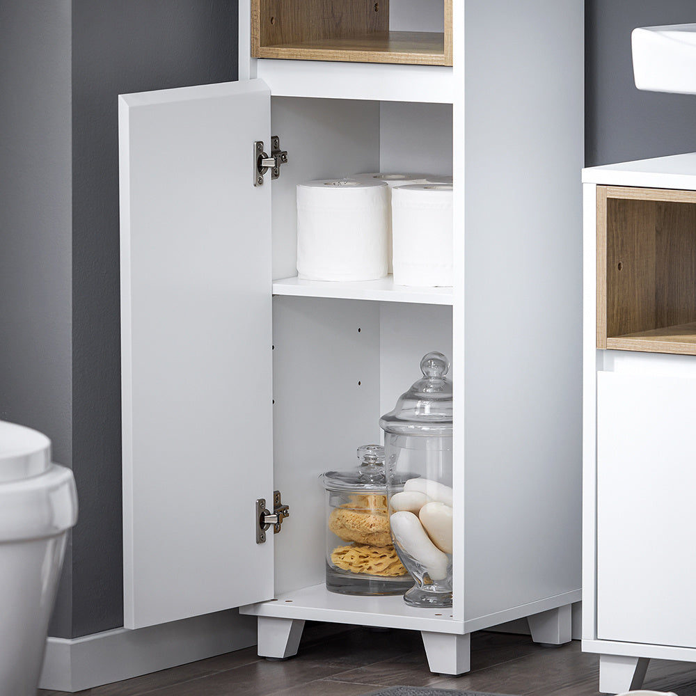 Badkamerkast – Kolomkast – Opbergkast – Wastafelonderkast – Hoge Kast – Smal Design – MDF & Spaanplaat – 30x170x30 cm – Wit – 2 Deuren en 2 Open Vakken