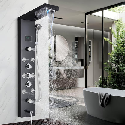 Doucheset – Douchepaneel – Regendouche – Watervaldouche – Handdouche – 6-in-1 Functioneel – RVS Matzwart Met LCD Temperatuurdisplay