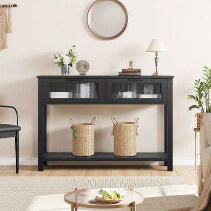 Haltafel – Sidetable – Console – Wandtafel – Opbergtafel – Zwart – Massief Hout & MDF – Ruime Opbergruimte Met Glazen Laden