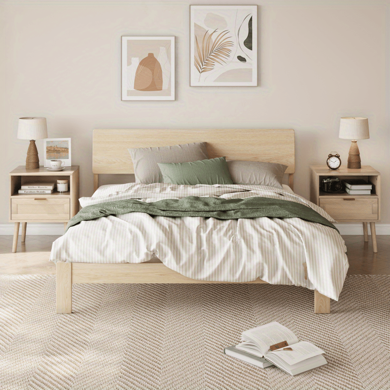 Nachtkastje – Bedkastje – Bijzettafel – Ladekastje – Tafel – Bohemian Stijl – Licht Eikenlook – Open Plank – Compact 45x40x55 cm