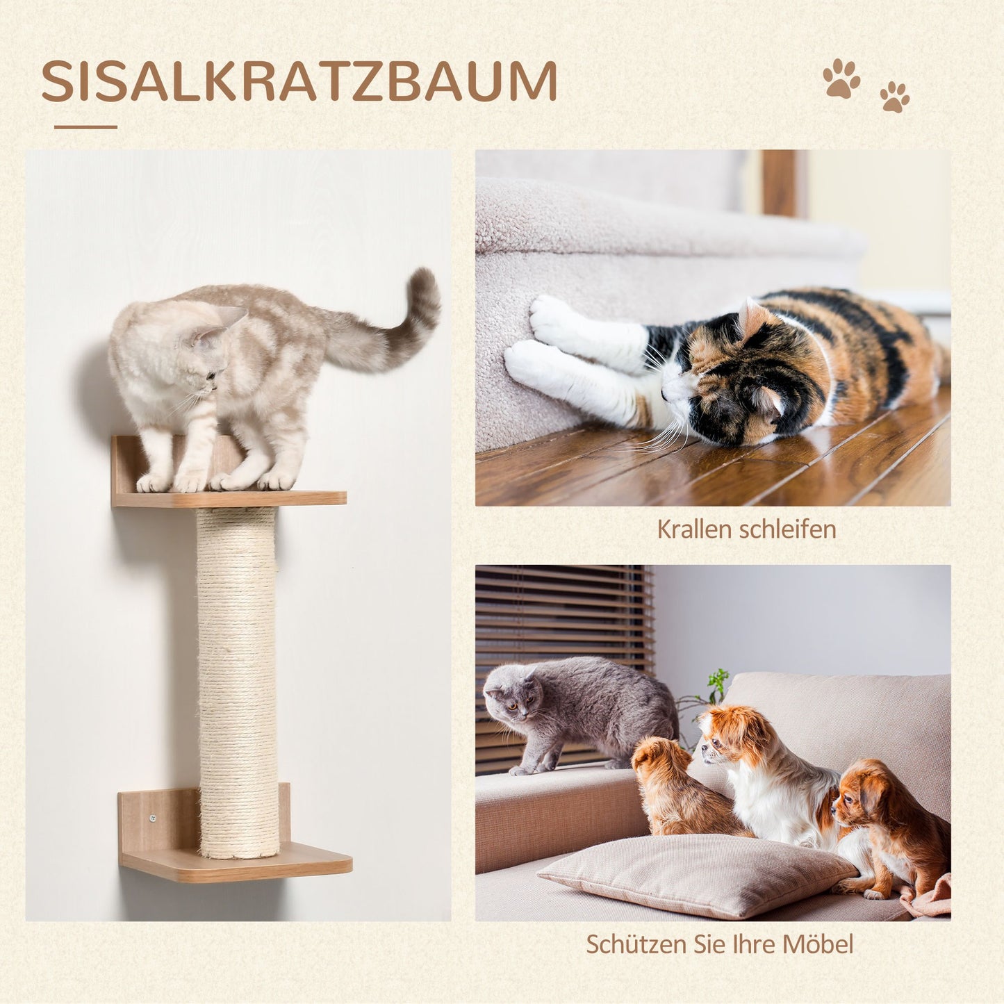 Krabpaal – Kattenklimwand – Kattenboom – Kattenmeubel – Krabmeubel – Lichtbruin – Sisal Krabpaal – Met Hangmat