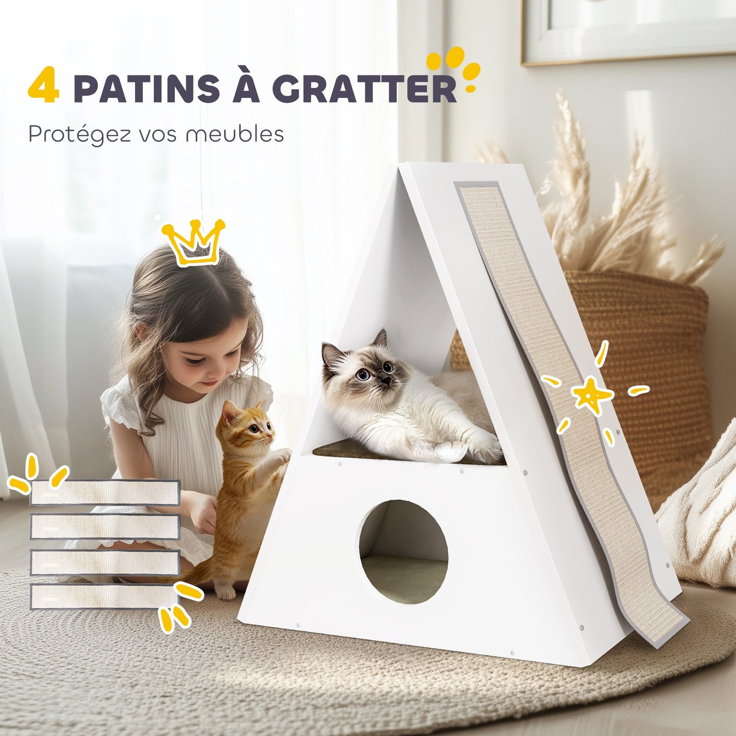 Kattenhuis – Kattenmand – Kattenhol – Kattenhut – Kattenverblijf – 2 Verdiepingen Met Matten – 4 Sisal Krabpalen – Hout – Wit-Beige