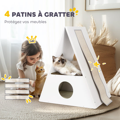 Kattenhuis – Kattenmand – Kattenhol – Kattenhut – Kattenverblijf – 2 Verdiepingen Met Matten – 4 Sisal Krabpalen – Hout – Wit-Beige
