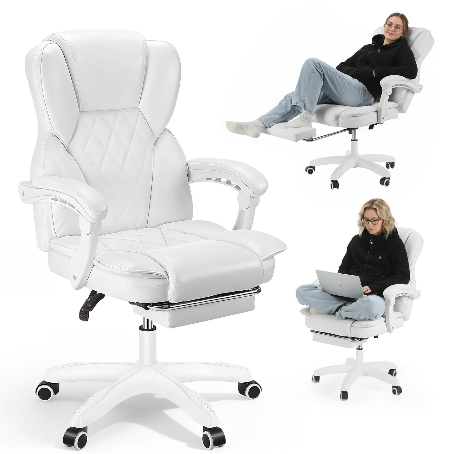 Ergonomische Bureaustoel – Bureaustoel Met Voetensteun – Kantoorstoel – Draaistoel – Gamingstoel – Memory Foam Zitting – Verstelbare Kantelbare Rugleuning – Wit
