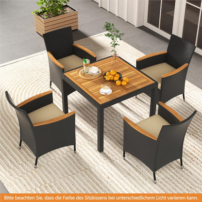Rattan Tuinmeubelset – Tuinset – Buitenmeubilair – Terrasmeubels – Tuinmeubelen – 5-delig voor 4 Personen – Acaciahouten Tafelblad – Inclusief Parasolopening