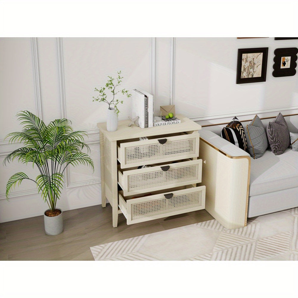 Dressoir – Kast – Opbergkast – Ladekast – Buffetkast – Modern Woven Honeycomb Design – 3 Lades Met Verwisselbare Deurpanelen – Duurzaam Niet-Houten Materiaal – Compact 80 cm Breed – Beige/Witte Afwerking Met Gouden Accenten