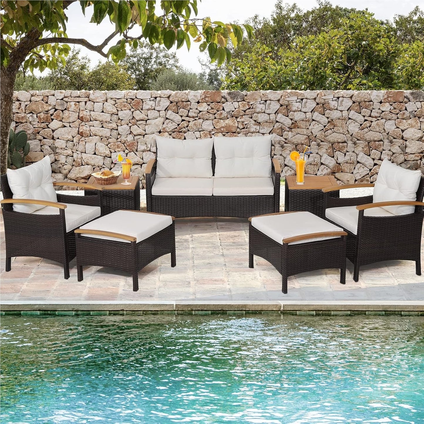 Tuinmeubelset Rattan – Balkonmeubels – Loungeset – Buitenmeubelen – Zithoek – Acaciahouten Tafelbladen – Comfortabele Kussens – Weerbestendig Stalen Frame