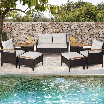 Tuinmeubelset Rattan – Balkonmeubels – Loungeset – Buitenmeubelen – Zithoek – Acaciahouten Tafelbladen – Comfortabele Kussens – Weerbestendig Stalen Frame