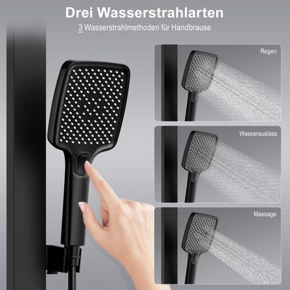 Douchekraan – Doucheset – Douchemengkraan – Thermostaatkraan – Handdouche – Matte Zwarte Afwerking – Thermostaat Met Glazen Plank – 3 Spraystanden Handdouche