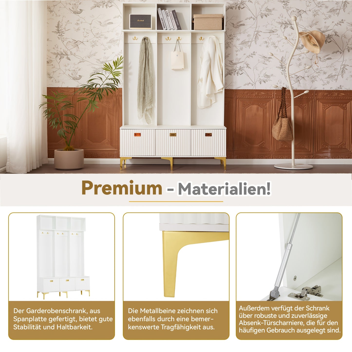 Witte Houten Kapstok – Wandkapstok – Garderoberek – Kapstok met Zitbank – Schoenkast – 4 Haken – Cushioned Opbergstoel – H180xB100xD35 cm