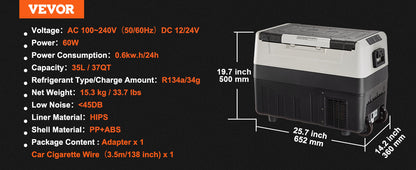 Mini koelkast - Auto Koelkast - Mini Fridge - Frigo - Draagbare Compressor Koelbox - Elektrische Vriesbox - 12/24V DC - 100-240V AC - 60W - ≤ 45dB - 35L - 65.2 x 36 x 50 cm - Grijs & Zwart