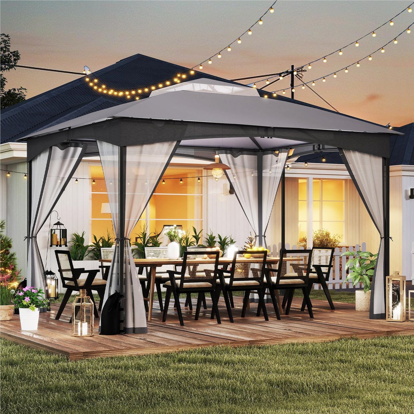 Tuinpaviljoen – Partytent – Tuintent – Prieel – Pergola – 3 x 3,6 m – Waterdicht Dubbel Dak – Inclusief Muggennetten & Zandzakken – Grijs