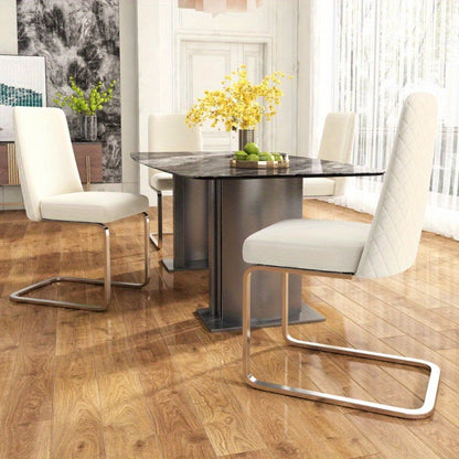 Eetkamerstoel – Stoel – Armstoel – Dinersstoel – Loungestoel – Set Van 6 – Beige Velvet Met Ruitmotief – Zilverkleurige Metalen Poot