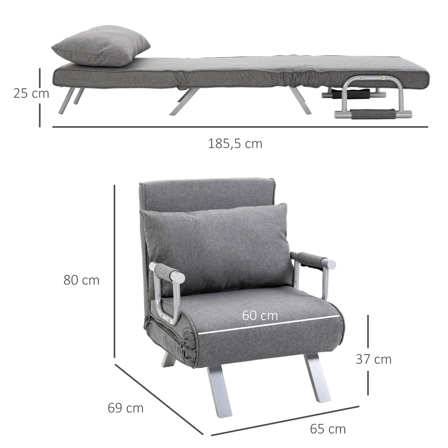 3-in-1 Opklapbare Sofa – Slaapbank – Relaxstoel – Verstelbare Bank – Eenpersoonsbed – Lichtgrijs Linnen – Compact Formaat – Zonder Stroom