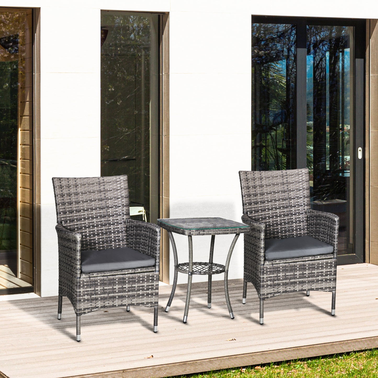 Rattan Tuinmeubelset – Bistroset – Balkonset – Tuinstoelen – Tuinmeubilair – Grijs – Poly Rattan & Stalen Frame – Glas Tafelblad met Kussens