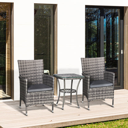 Rattan Tuinmeubelset – Bistroset – Balkonset – Tuinstoelen – Tuinmeubilair – Grijs – Poly Rattan & Stalen Frame – Glas Tafelblad met Kussens