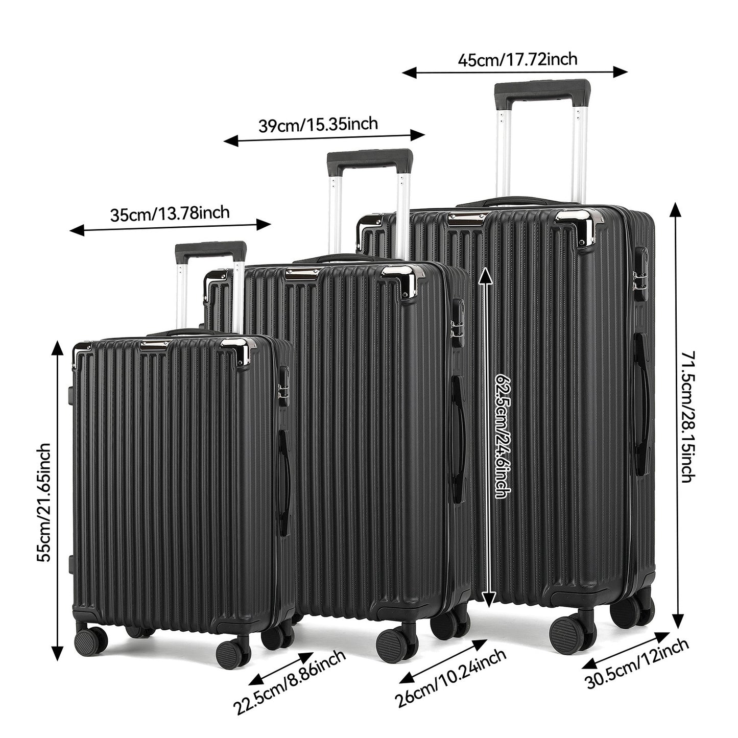 Kofferset – Reiskoffer – Trolley – Handbagage – Hardcase – ABS HardShell – TSA Cijferslot – 4 Wielen – Lichtgewicht – Zwart
