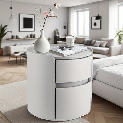 Ronde Nachtkastje – Modern Nachtkastje – Houten Nachtkastje – Minimalistisch Nachtkastje – Opbergkastje – 45x45x50 cm – Dubbele Lades Met Leder Top – Duurzaam Massief Hout