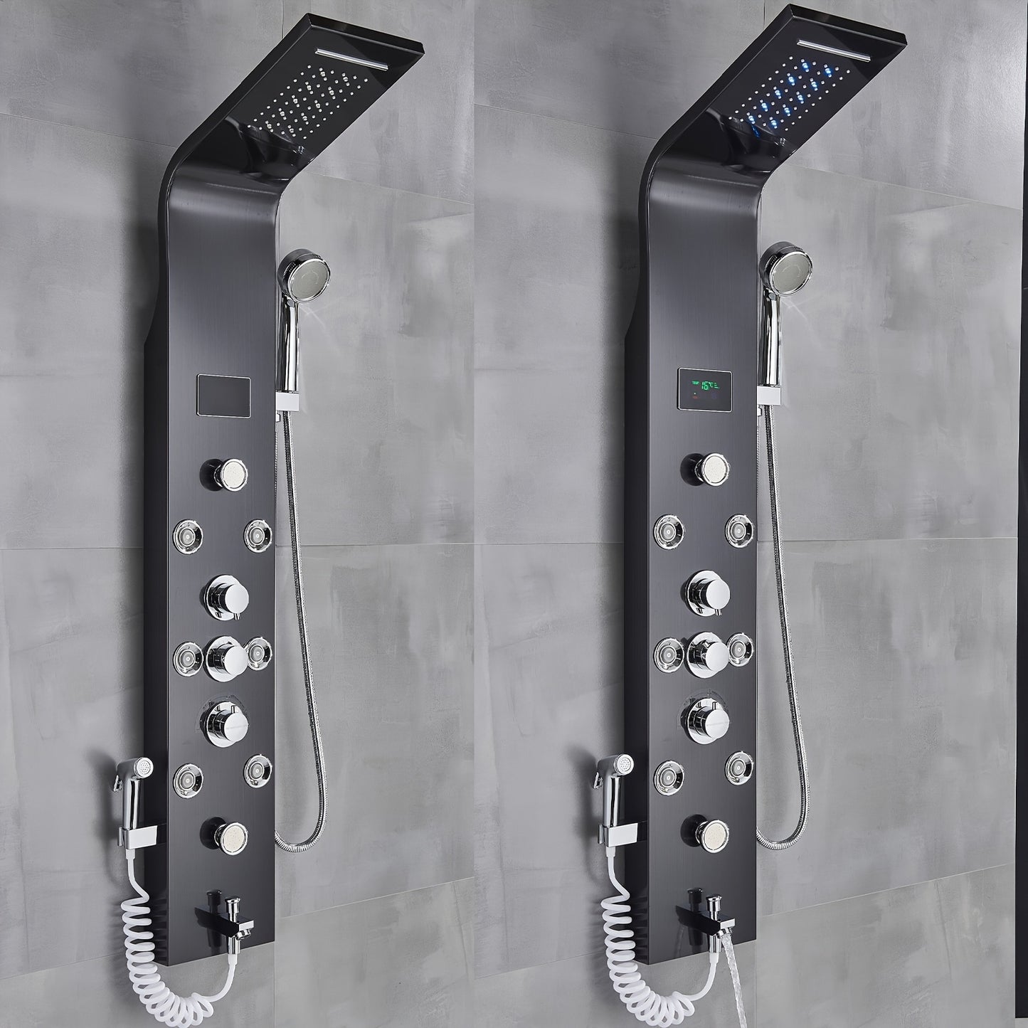 1 Set Modern Black Stainless Steel Shower Panel Tower System - 5-in-1 Rainfall Shower Head with Massage Jets, Wall-Mounted Bath Spout & Adjustable Massage Settings, Contemporary Bathroom Fixture for Spa-Like Experience (No Ba