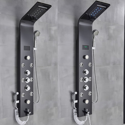 1 Set Modern Black Stainless Steel Shower Panel Tower System - 5-in-1 Rainfall Shower Head with Massage Jets, Wall-Mounted Bath Spout & Adjustable Massage Settings, Contemporary Bathroom Fixture for Spa-Like Experience (No Ba