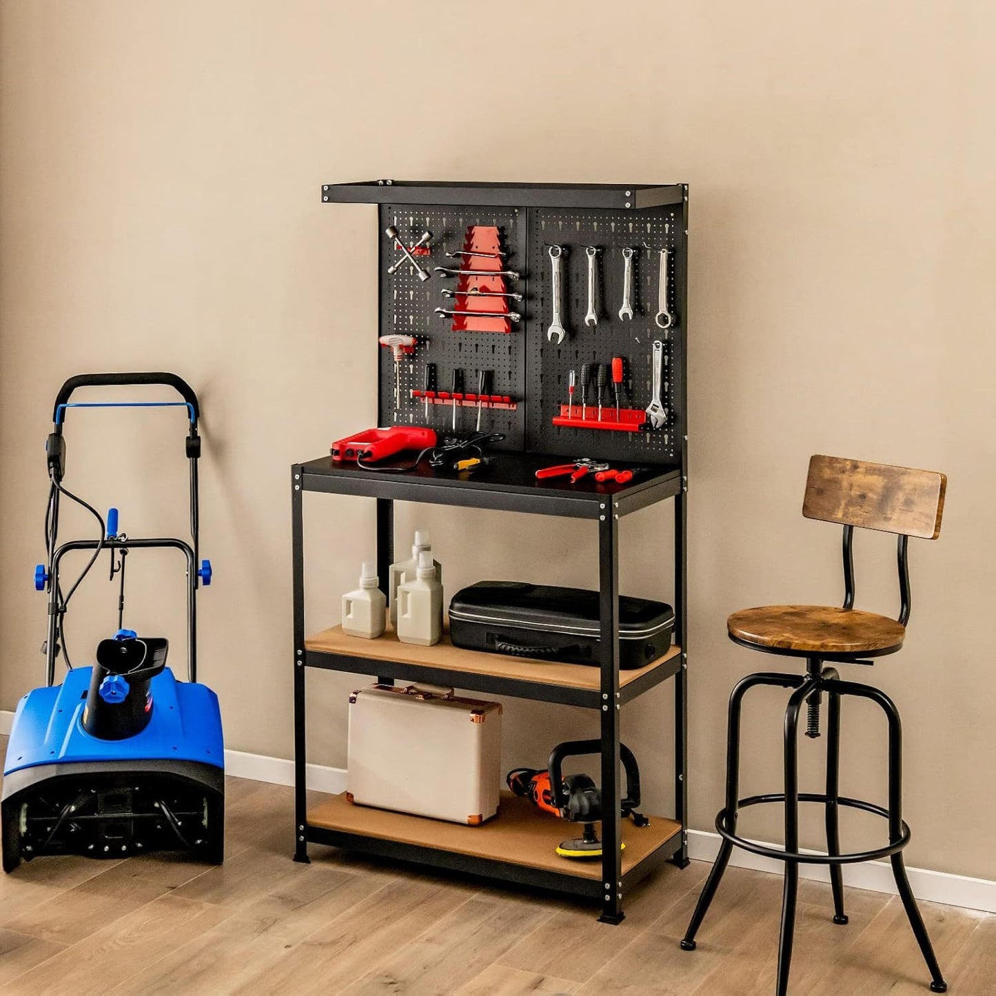 1pc POWERSTONE Heavy-Duty Workbench with 3 Shelves and 13 Hanging Accessories - Multipurpose Metal Utility Table for Garage, Home, Warehouse - Durable Hardwood and MDF Construction, Black