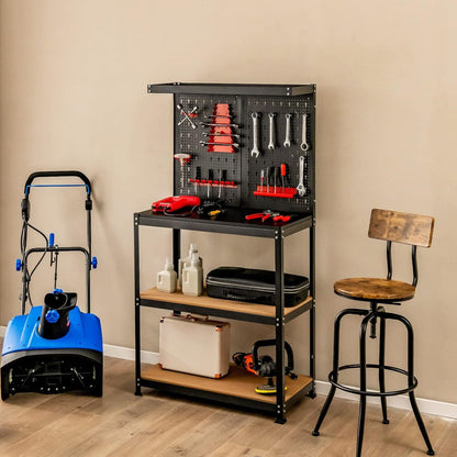 1pc POWERSTONE Heavy-Duty Workbench with 3 Shelves and 13 Hanging Accessories - Multipurpose Metal Utility Table for Garage, Home, Warehouse - Durable Hardwood and MDF Construction, Black