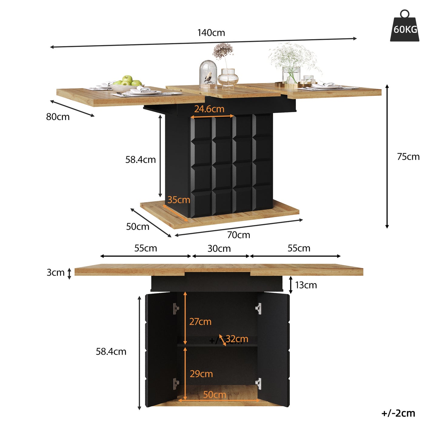 Uitklaptafel – Klaptafel – Vouwtafel – Uitschuiftafel – Eettafel – Uitschuifbaar 110-140 CM – Opbergruimte Onderblad – Houtlook Design