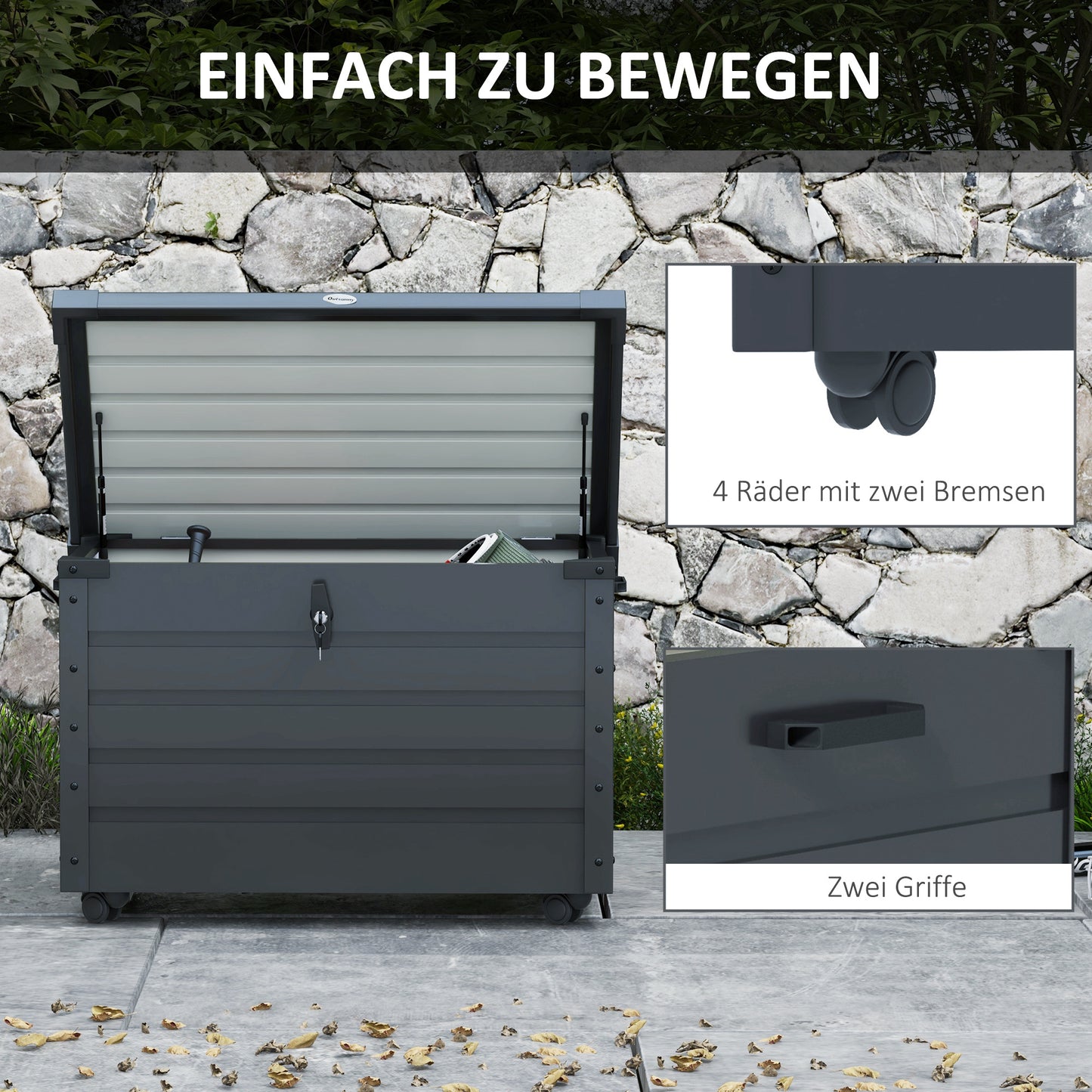 Opbergbox Buiten – Tuinkussenbox – Tuinkist – Tuinopberger – Tuinkistje – Met Handvatten en Wielen – 295 Liter Capaciteit – Gegalvaniseerd Metaal