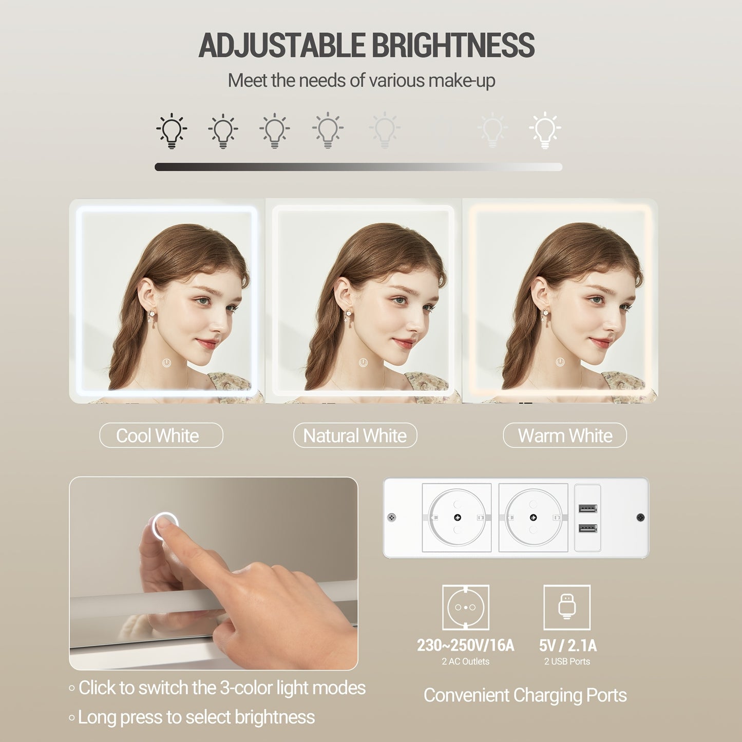 Make-uptafel – Kaptafel – Vanity – Sieradekast – Make-upmeubel – Wit Gouden – Verstelbare LED-verlichting – Groot HD-spiegeloppervlak