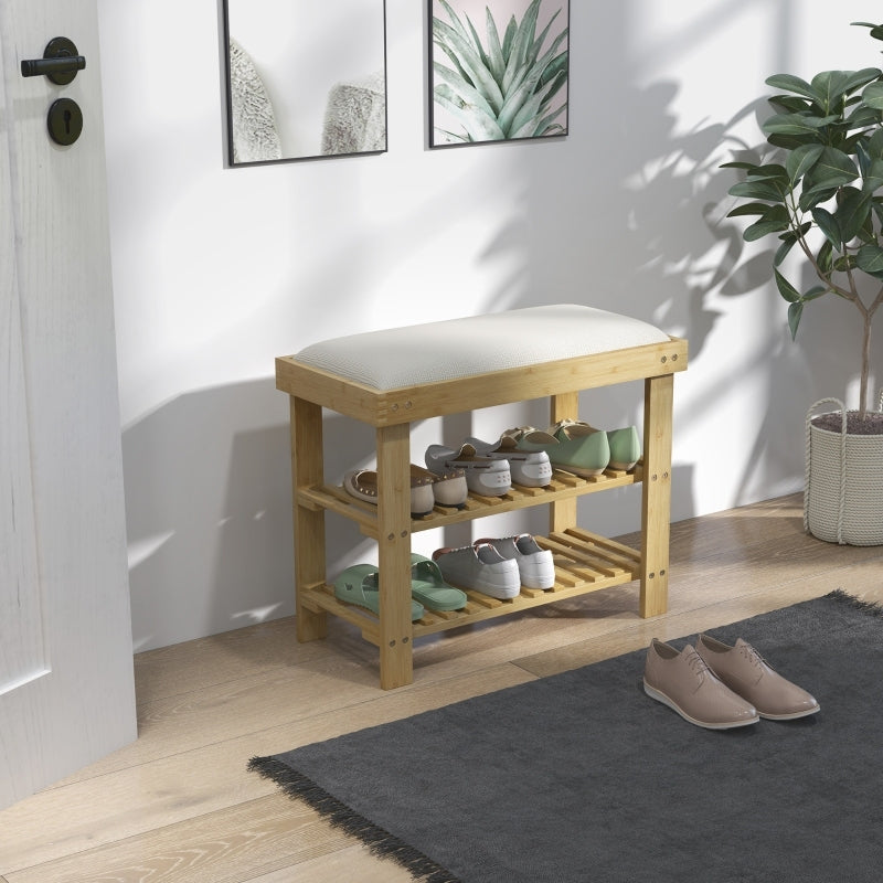 Schoenenbank – Schoenrek – Zitbank – Opbergbank – Halbank – Crème Wit – Bamboe Zitting – 2 Open Vakken – Compact 60x29x49 cm