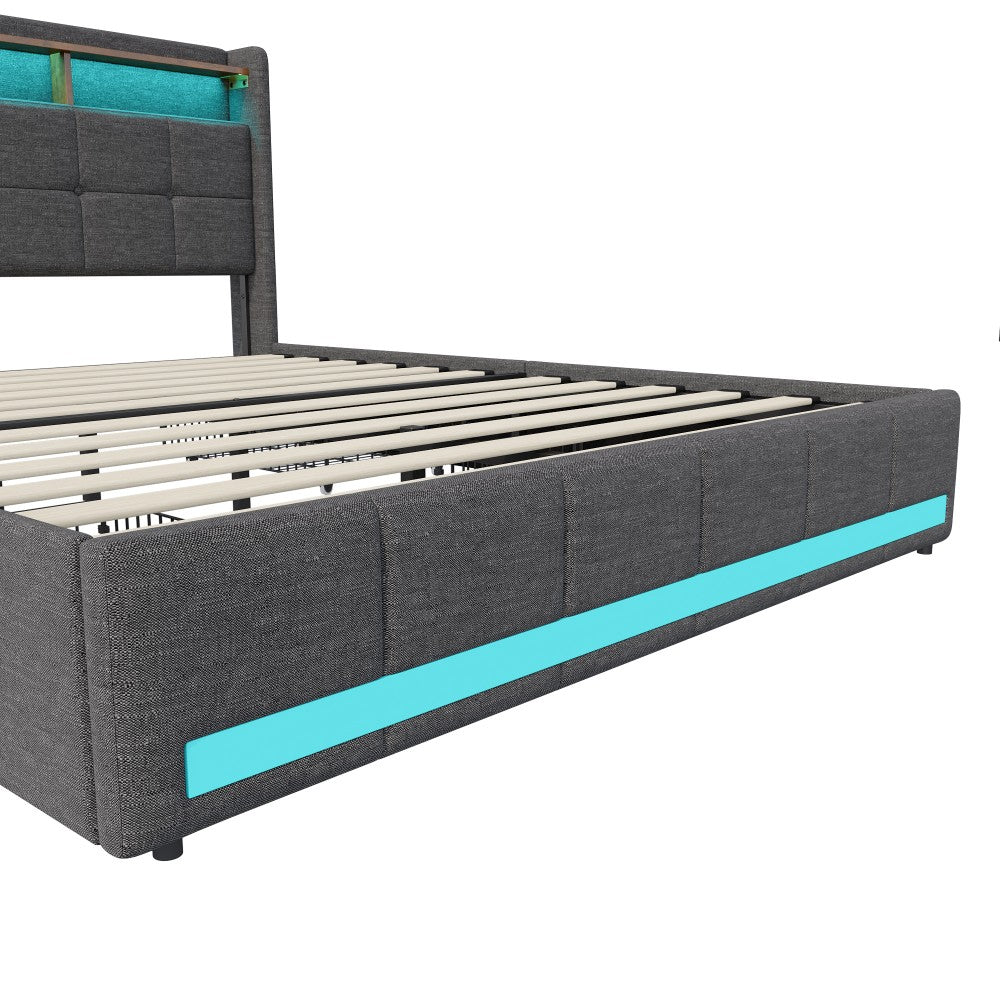 Tweepersoonsbed – Bedframe – Boxspring – Opbergbed – Led-bed – 160x200 cm – Linnen Bekleding – 4 Laden Met USB Opladen