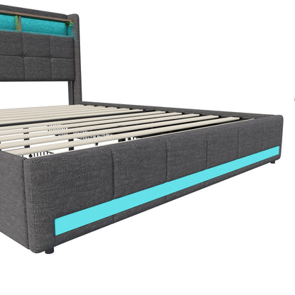 Tweepersoonsbed – Bedframe – Boxspring – Opbergbed – Led-bed – 160x200 cm – Linnen Bekleding – 4 Laden Met USB Opladen