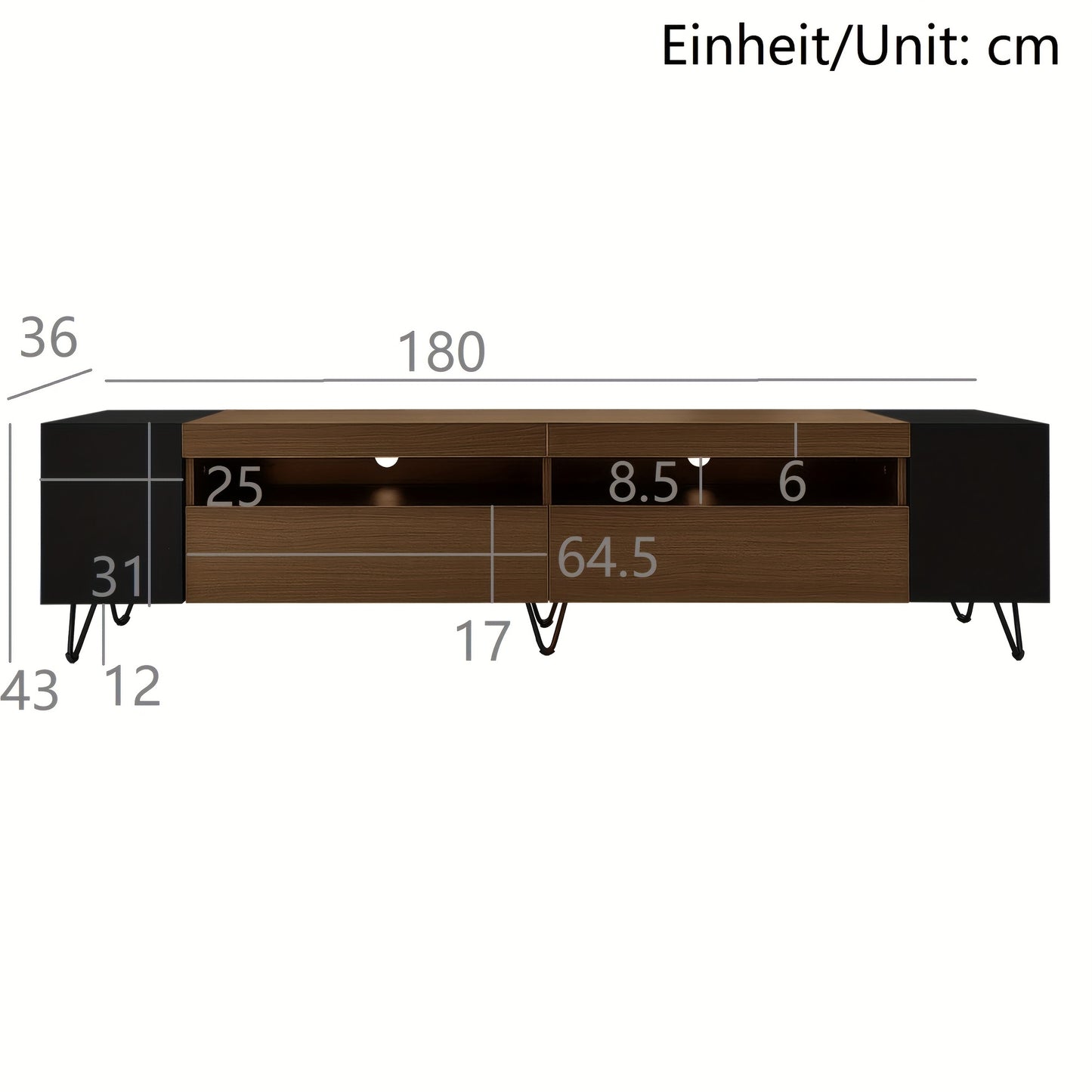 Modern TV Stand 180cm - Black & Wood Finish Engineered Wood & Composite Construction, Minimalist Design with Open Shelves & Closed Storage, Sturdy Metal Legs for Living Room, Bedroom, Home Theater, Tv Table for Living Room