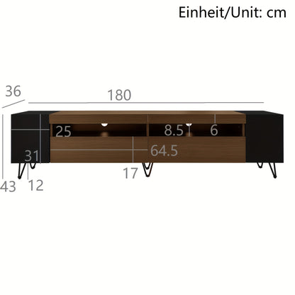 Modern TV Stand 180cm - Black & Wood Finish Engineered Wood & Composite Construction, Minimalist Design with Open Shelves & Closed Storage, Sturdy Metal Legs for Living Room, Bedroom, Home Theater, Tv Table for Living Room