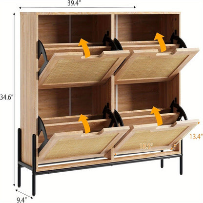 Smalle Schoenenkast – Schoenenrek – Schoenopberger – Schoenentoren – Schoenensysteem – Rattan Materiaal – Verstelbare Compartimenten – 100x24x88 cm – Zwart