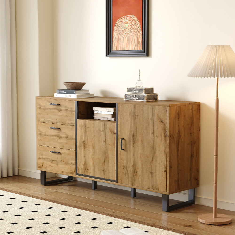 Bestekkast – Opbergkast – Ladekast – Dressoir – Commode – Multifunctioneel Design – Hardhouten & Spaanplaat Constructie – Open Vakjes – Vrijstaande Metalen Poten