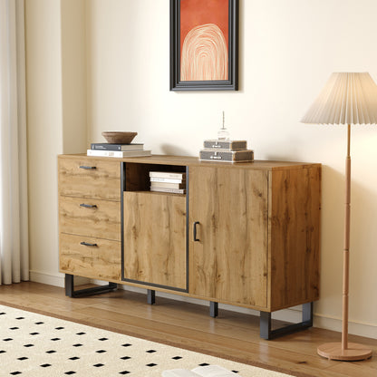 Bestekkast – Opbergkast – Ladekast – Dressoir – Commode – Multifunctioneel Design – Hardhouten & Spaanplaat Constructie – Open Vakjes – Vrijstaande Metalen Poten