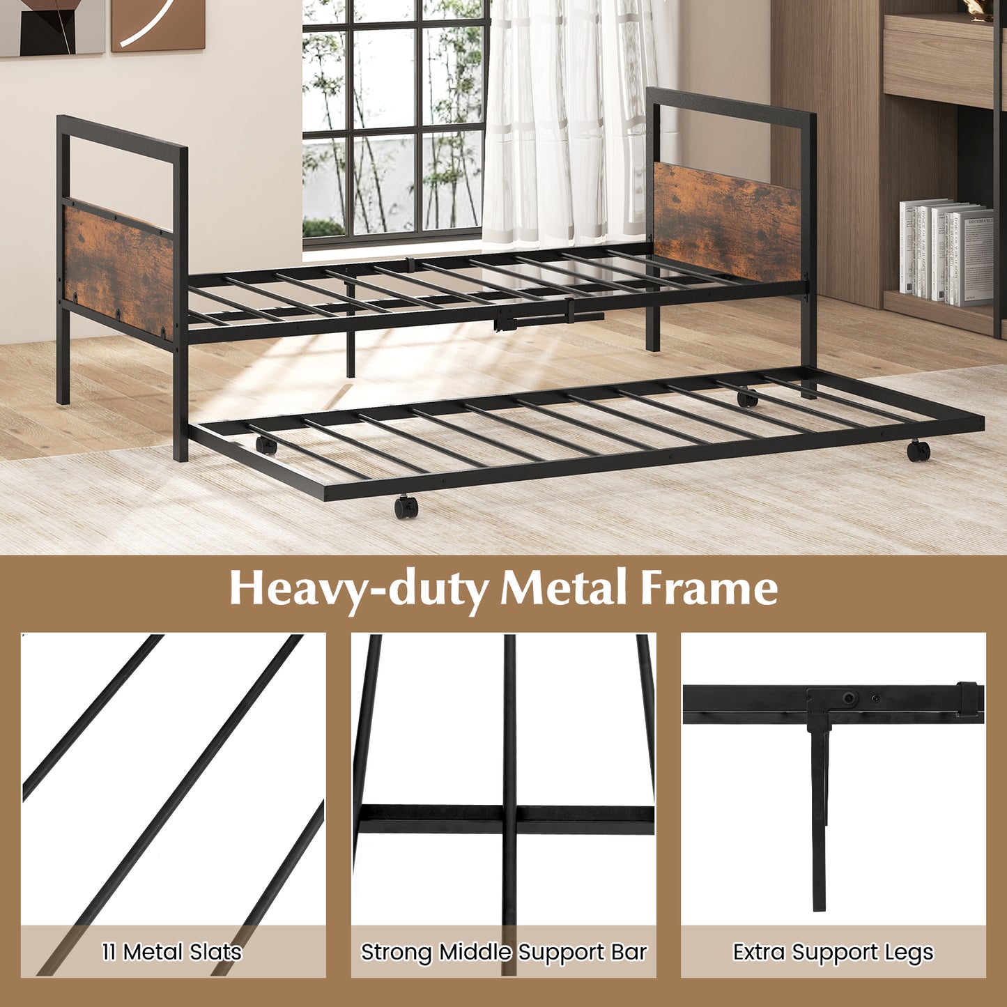 Eenpersoonsbed – Bedframe – Slaapbed – Logeerbed – Stalen Bed – Set van 2 – Compact 90x200 cm – Stevig Metalen Frame Rustiek Bruin