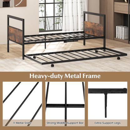 Eenpersoonsbed – Bedframe – Slaapbed – Logeerbed – Stalen Bed – Set van 2 – Compact 90x200 cm – Stevig Metalen Frame Rustiek Bruin