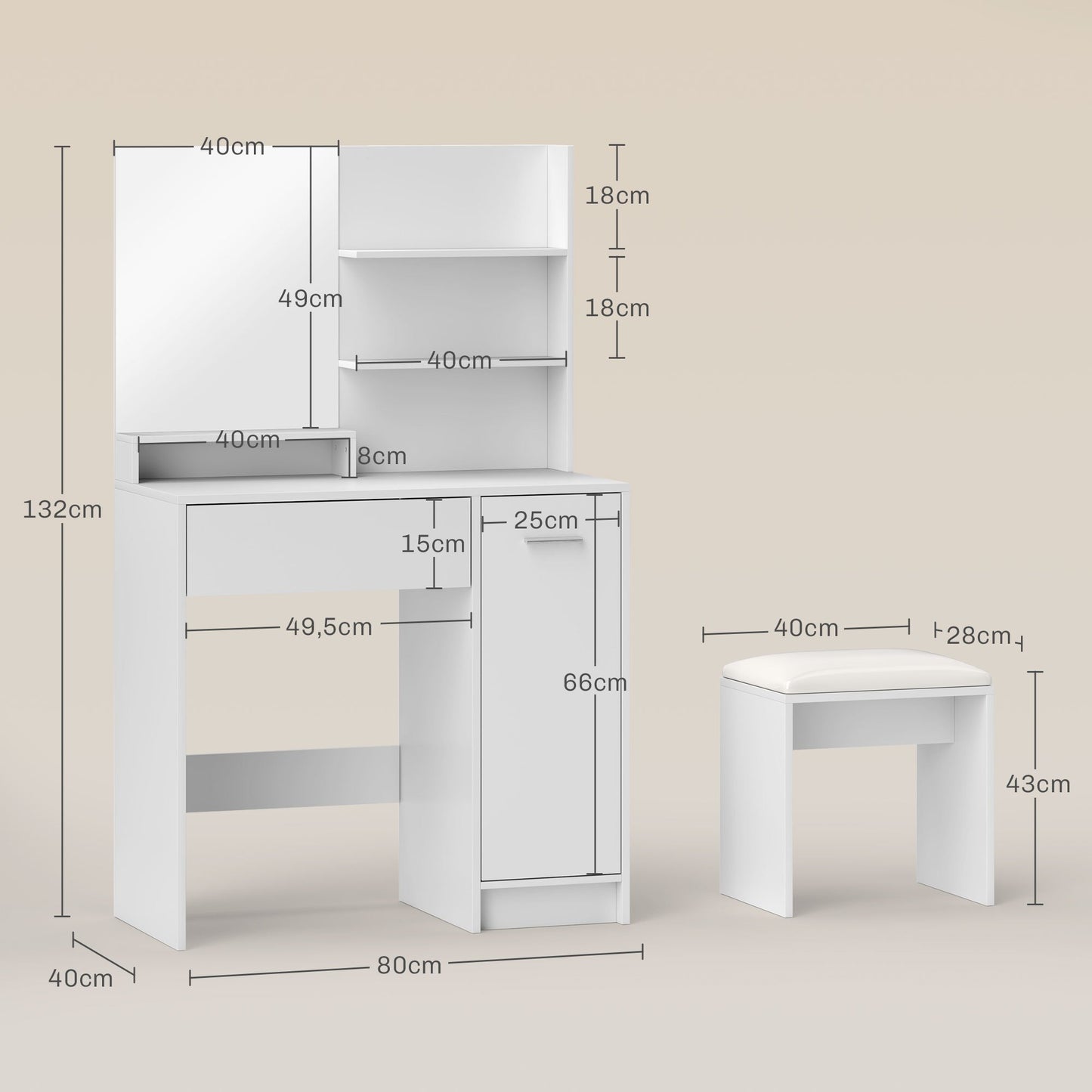 Kaptafel – Make-up Tafel – Toilettafel – Visagie Meubel – Schoonheidstafel – Met Spiegel en Kruk – Anti-Kantel Systeem – Grote Opbergruimte