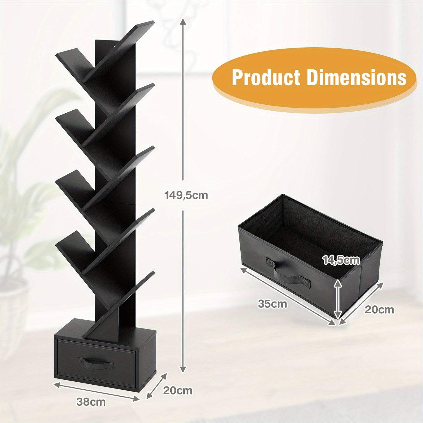 Boomboekenkast – Boekrek – Opbergkast – Boekenplank – Kast Met Lade – Zwart Resin – 8 Planken – Ruimtebesparend Design