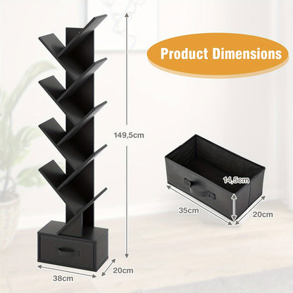 Boomboekenkast – Boekrek – Opbergkast – Boekenplank – Kast Met Lade – Zwart Resin – 8 Planken – Ruimtebesparend Design