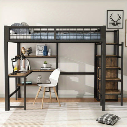 Hoogslaper – Stapelbed – Bedbank – Mezzanine Bed – Bed met Kast – Zwart + Bruin – 140x200 cm – Met Stabiel Metalen Frame
