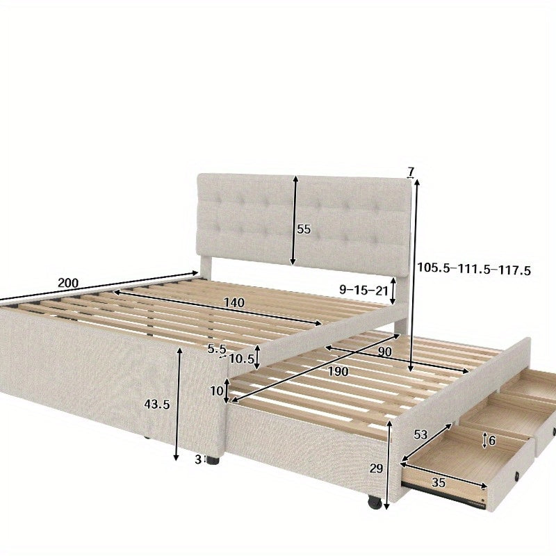 Gestoffeerd Tweepersoonsbed – Double Bed – Familiebed – Huwelijksbed – Opbergbed – 140x200 cm – Verstelbaar Hoofdbord – Beige Bekleding
