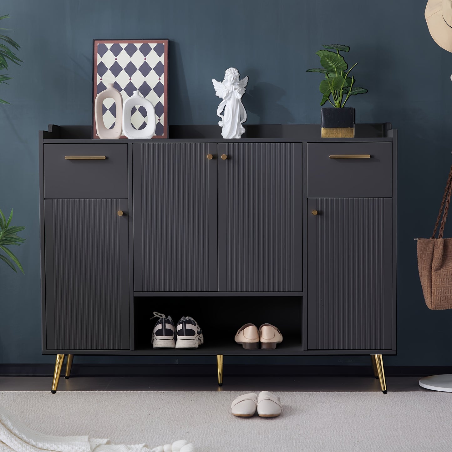Shoe Cabinet With 2 Drawers And Shoe Rack With 4 Doors, Metal Feet, Black