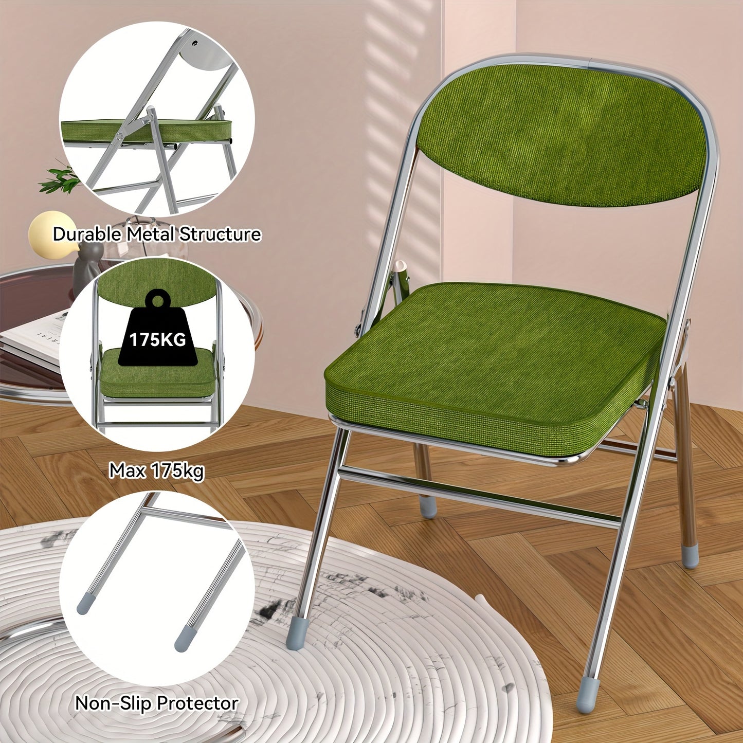 Luxe Opvouwbare Flanellen Stoel – Groen, Met Memory Foam Kussen en Verstevigde Rugleuning – Ruimtebesparend, Draagbaar en Lichtgewicht, A-Frame Constructie met Handmatige Verstelbare Rugleuning