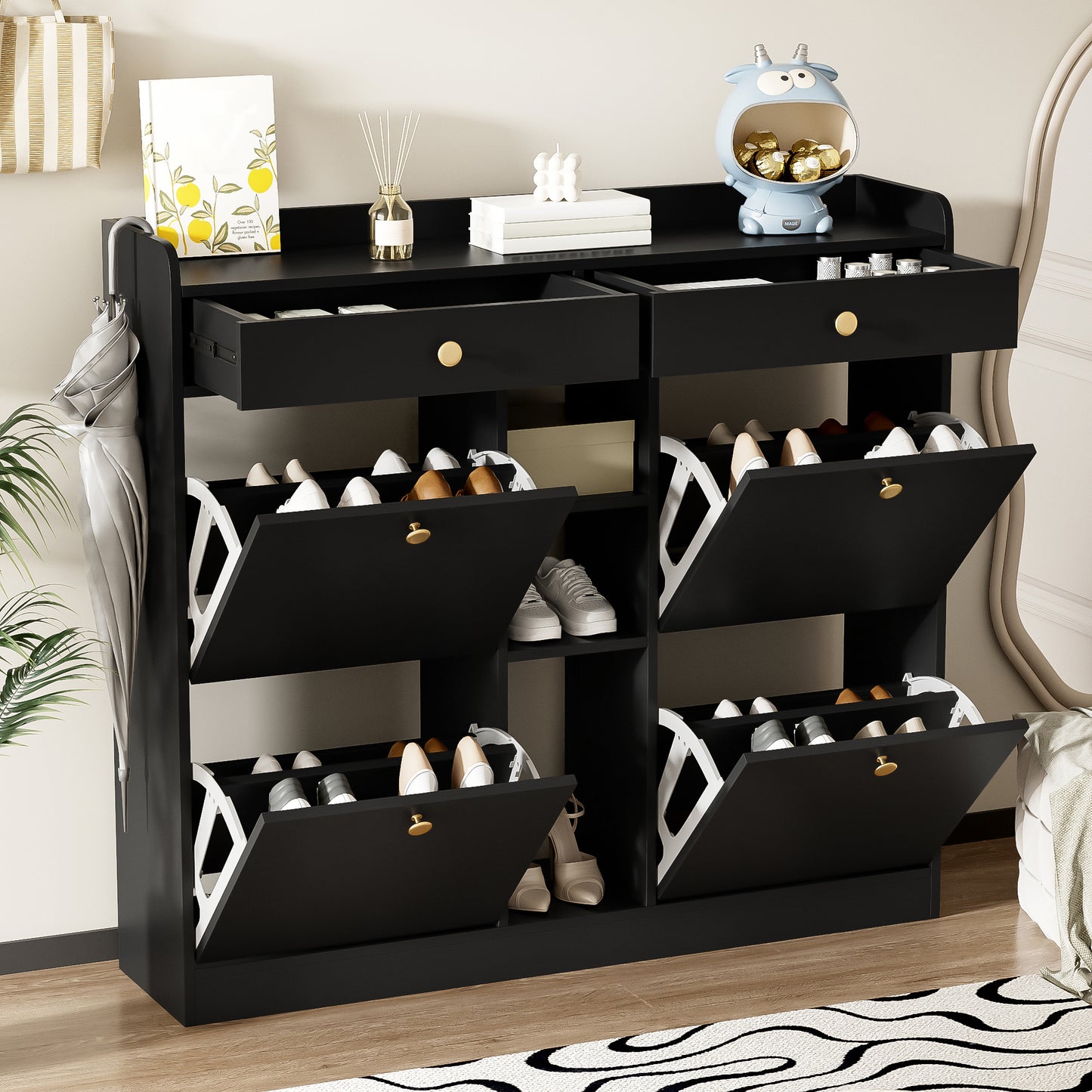 Schoenenkast – Schoenenopberger – Schoenenrek – Schoenenmeubel – Schoenenkast Zwart – Compact Ontwerp 110x26x100 cm – Vier Klepdeuren Met Lades