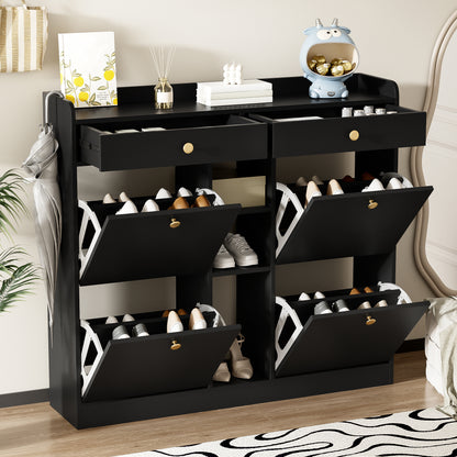 Schoenenkast – Schoenenopberger – Schoenenrek – Schoenenmeubel – Schoenenkast Zwart – Compact Ontwerp 110x26x100 cm – Vier Klepdeuren Met Lades