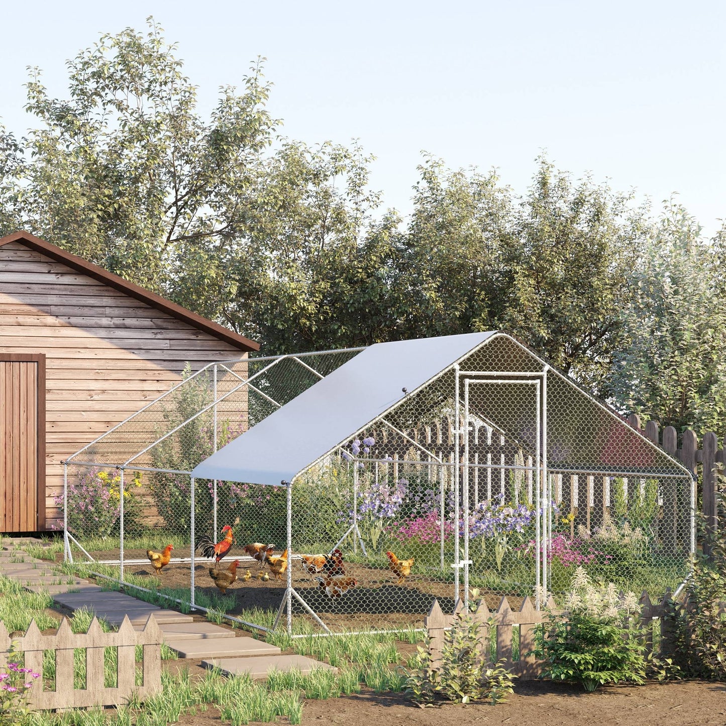 Kippenren – Kippenhok – Hennenren – Pluimveerennetje – Buitenren – Gegalvaniseerd Stalen Frame – Overdekt en Veilig – 3 x 6 x 2 Meter – Grijs