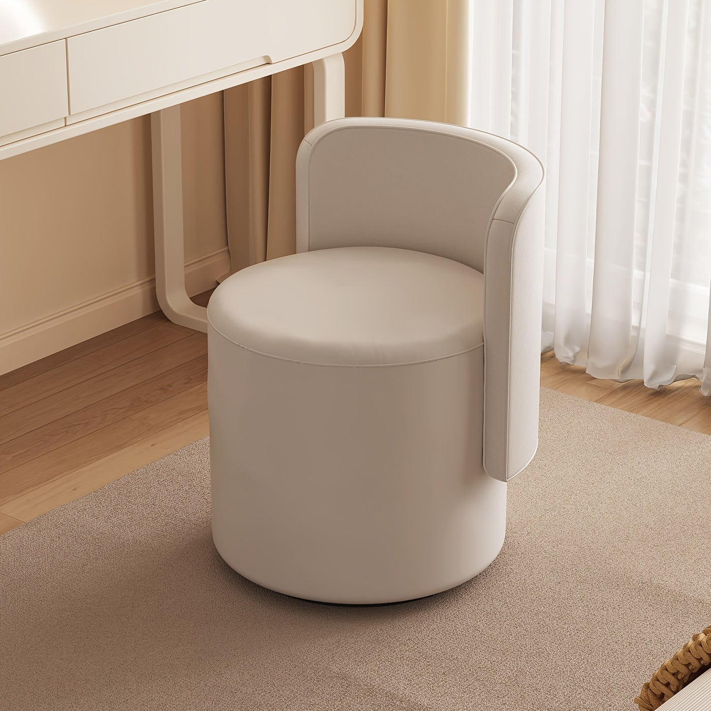 Dressoirstoel – Draaikruk – Make-up Stoel – Bureaustoel – Fauteuil – 360° Draaibaar – Zacht Kussen – Compact Rond Design – Beige Grijs – Met Rugleuning en Voetensteun